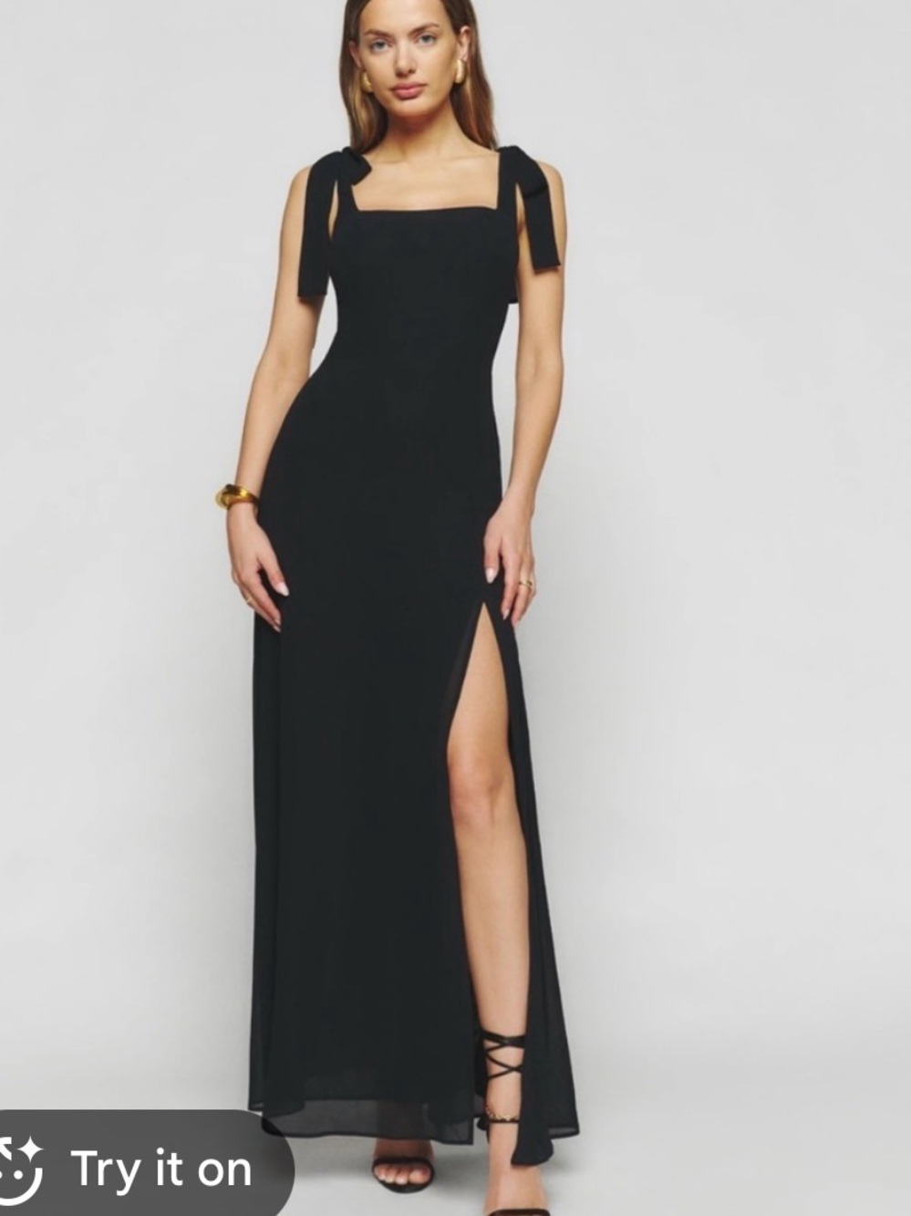 Reformation Black Maxi Dress with Shoulder Ties and High Slit